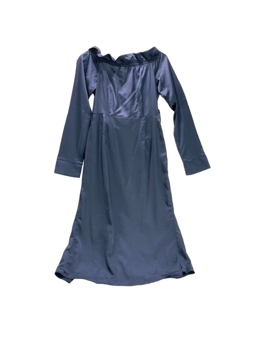 PRETTY LITTLE THING Women's Dress Blue Silky Maxi Ruffled Side Seam Slit Size 4 - Picture 2 of 7